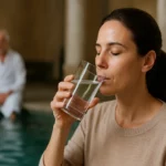 Žena pije liečivú vodu z Nagyatádu v kúpeľoch