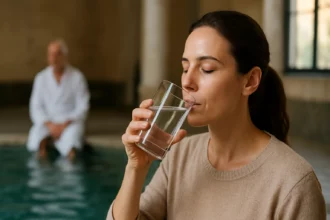 Žena pije liečivú vodu z Nagyatádu v kúpeľoch