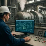 Operátor v parnej elektrárni sleduje výrobné procesy na monitore.