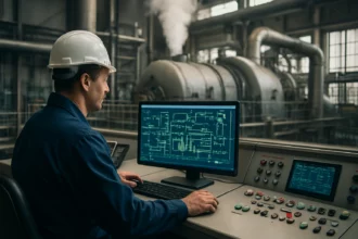 Operátor v parnej elektrárni sleduje výrobné procesy na monitore.