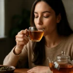 Žena vychutnáva oolong čaj, bohatý na antioxidanty.