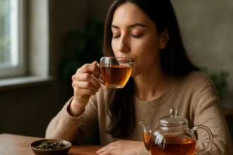 Žena vychutnáva oolong čaj, bohatý na antioxidanty.