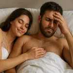 Pár leží v posteli, žena sa usmieva a muž sa cíti rozrušený.