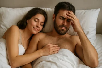 Pár leží v posteli, žena sa usmieva a muž sa cíti rozrušený.