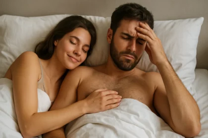 Pár leží v posteli, žena sa usmieva a muž sa cíti rozrušený.