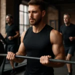 Muž cvičí v posilňovni s činkou, zameraný na silu a svalový výkon.