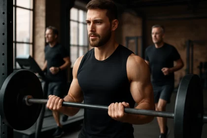 Muž cvičí v posilňovni s činkou, zameraný na silu a svalový výkon.