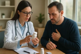 Lékařka vysvětluje pacientovi účinky teofylínu