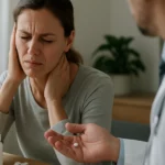 Žena s bolesťou hlavy dostáva lieky od lekára.