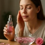 Žena aplikuje ružovú vodu na pleť, vedľa má ružové okvetné lístky.
