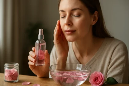 Žena aplikuje ružovú vodu na pleť, vedľa má ružové okvetné lístky.