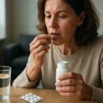 Žena užívajúca aspirín s pohárom vody pri stole.