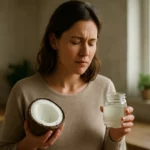 Žena drží kokos a sklenenú nádobu s kokosovým olejom na podporu črevného zdravia.