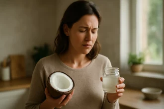 Žena drží kokos a sklenenú nádobu s kokosovým olejom na podporu črevného zdravia.