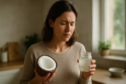 Žena drží kokos a sklenenú nádobu s kokosovým olejom na podporu črevného zdravia.