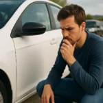 Muž premýšľa o dlhodobom prenájme auta pri bielom vozidle.