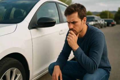 Muž premýšľa o dlhodobom prenájme auta pri bielom vozidle.