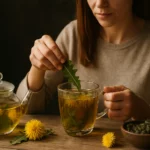 Žena pripravuje čaj z púpavy s čerstvými kvetmi a listami.