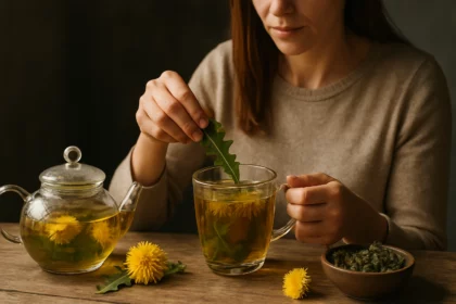 Žena pripravuje čaj z púpavy s čerstvými kvetmi a listami.