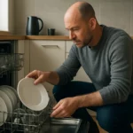 Muž v kuchyni vkladá tanier do umývačky riadu.