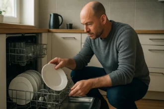 Muž v kuchyni vkladá tanier do umývačky riadu.