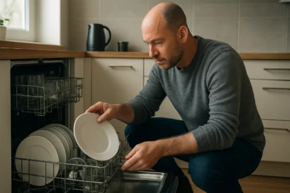Muž v kuchyni vkladá tanier do umývačky riadu.