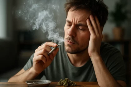 Muž fajčí marihuanu a zažíva stres a úzkosť.