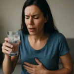 Žena pije studenú vodu a má kŕče v žalúdku.