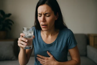 Žena pije studenú vodu a má kŕče v žalúdku.