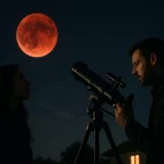Pozorovanie krvavého mesiaca cez ďalekohľad v noci