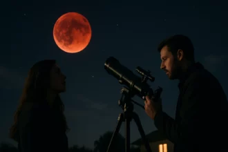 Pozorovanie krvavého mesiaca cez ďalekohľad v noci