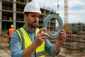 Muž s odľahčovacím krúžkom na stavenisku, skúmanie jeho vlastností.