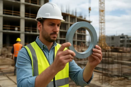 Muž s odľahčovacím krúžkom na stavenisku, skúmanie jeho vlastností.