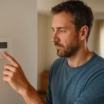 Človek nastavuje termostat na reguláciu teploty v dome