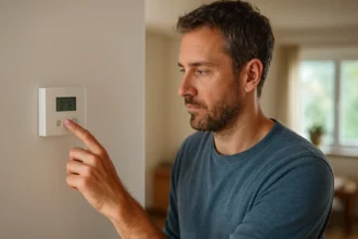 Človek nastavuje termostat na reguláciu teploty v dome