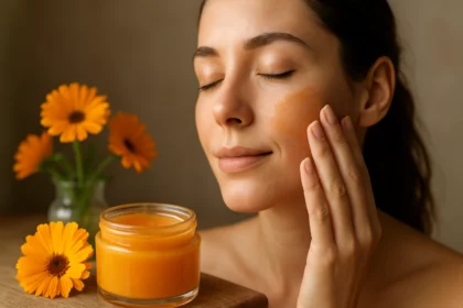 Žena nanášajúca pleťovú masku s nechtíkom na tvár