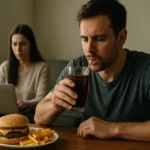 Muž vychutnáva nezdravé jedlo s hamburgerom a nápojom, zatiaľ čo žena pracuje.