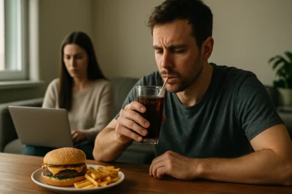 Muž vychutnáva nezdravé jedlo s hamburgerom a nápojom, zatiaľ čo žena pracuje.