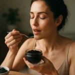 Žena ochutnávajúca čierny kaviár pre zdravie a krásu.