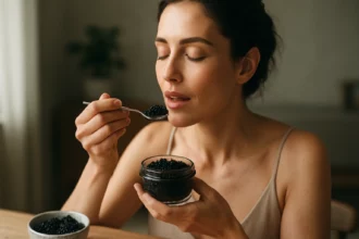 Žena ochutnávajúca čierny kaviár pre zdravie a krásu.