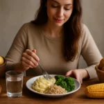 Žena si vychutnáva škrobové jedlá s obrázkom zdravej stravy.
