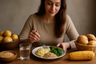 Žena si vychutnáva škrobové jedlá s obrázkom zdravej stravy.