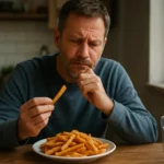 Muž premýšľa nad vyprážanými zemiakmi na tanieri