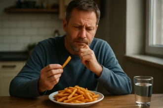 Muž premýšľa nad vyprážanými zemiakmi na tanieri