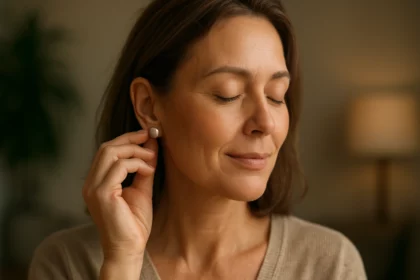 Žena nosi magnetické náušnice a vyžaruje pohodu a pokoj.