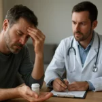 Muži trpiaci abstinenčnými príznakmi diskutujú o Esperal tabletách s lekárom.