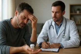 Muži trpiaci abstinenčnými príznakmi diskutujú o Esperal tabletách s lekárom.