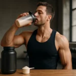 Muž popíjajúci proteínový nápoj po tréningu