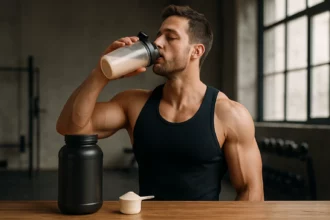 Muž popíjajúci proteínový nápoj po tréningu