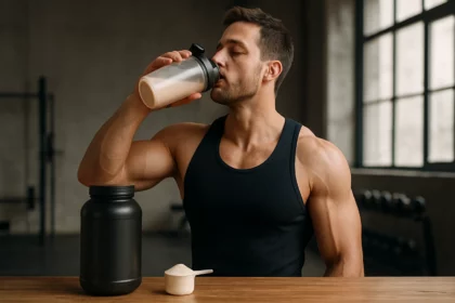 Muž popíjajúci proteínový nápoj po tréningu